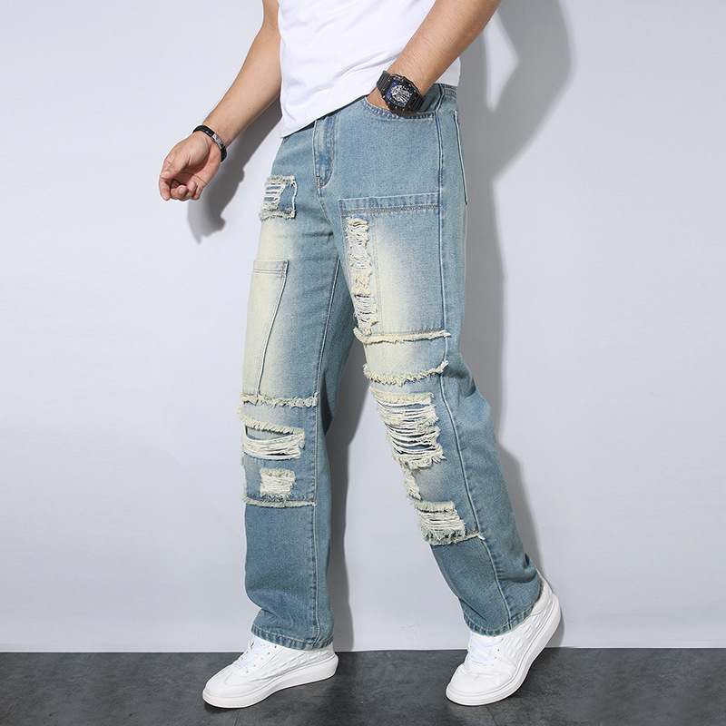Men's Jeans Pants Cross-Border Good Supply Light-Colored Ripped Design Patch Loose Straight-Leg Jeans for Men