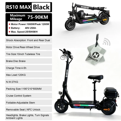 European and American overseas warehouse: Qatlanan elektrik skuterlər - lithium-battery-48v-25ah-long-range-75-90km-1200w-high-power-with-telescopic-stand-seat-trunk