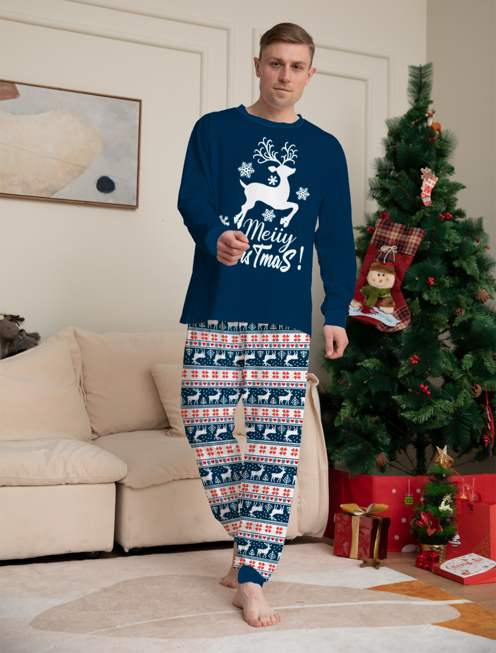 Round Neck Neckline Regular Fit Fit Type Christmas Fashion Deer Home Pajamas