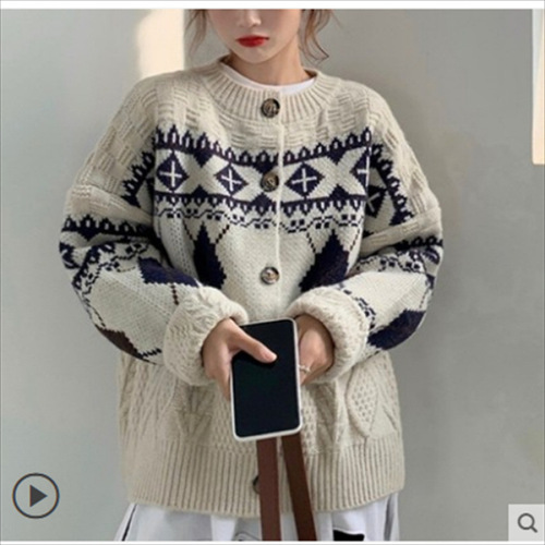 Handongdamen Korean style diamond-shaped single-breasted sweater for women's loose, lazy and slimming fashion net red knitted cardigan