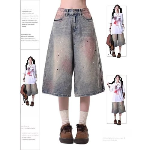Vintage American Streetwear Relaxed Women's Summer Washed Retro Straight Leg Pants Ink Splash High Street Loose Seven-Eighth Pants