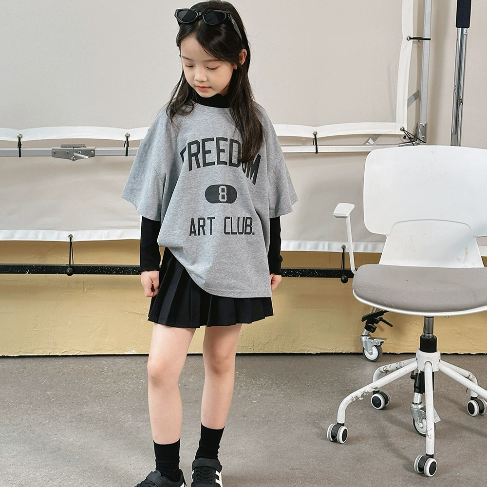 Custom NANOKIDS 24 autumn Korean letters T+wood ear+pleated skirt children