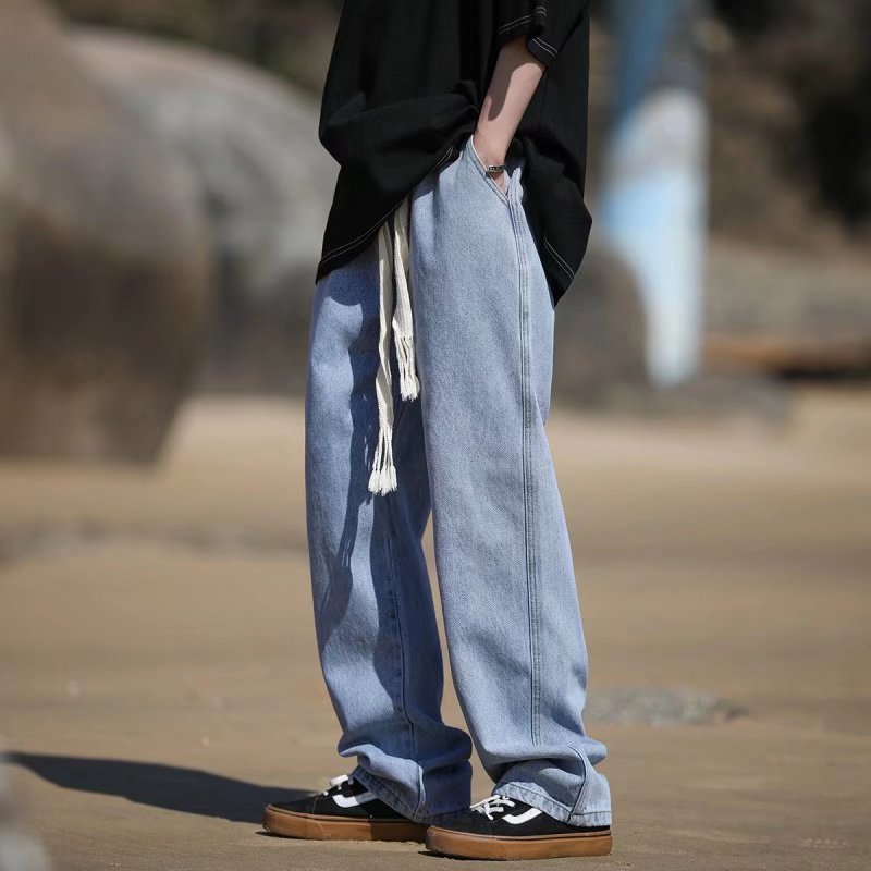 Jeans de cintura elástica de tamaño grande, pantalones rectos masculinos de primavera y otoño, pantalones relajados y versátiles, nuevos pantalones de moda de estilo americano de Hong Kong