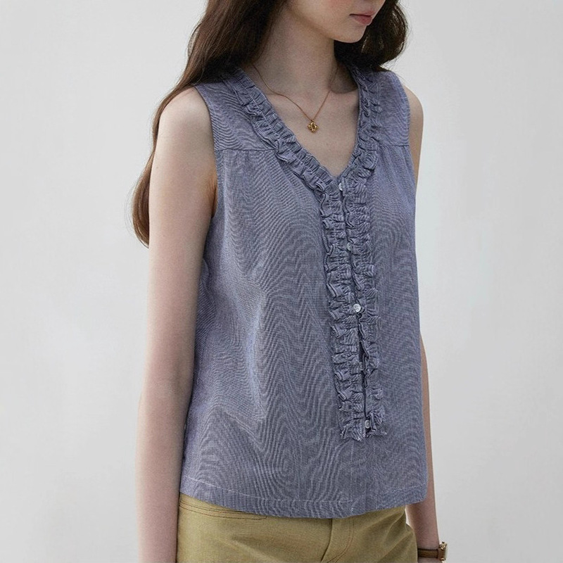 Mustard Pie Vooe French Style Front and Back Two-Way Lace Vest Shirt for Women, Versatile V-Neck Sleeveless Top for Summer