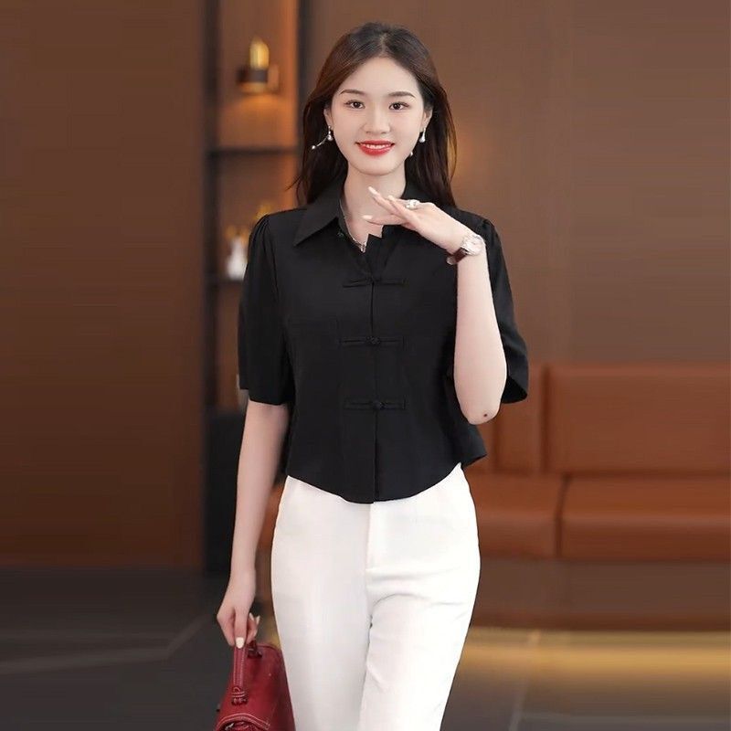 中国风夏季衬衫宽松纯色百搭衬衣气质半袖遮肚子盘扣上衣女士小衫|undefined