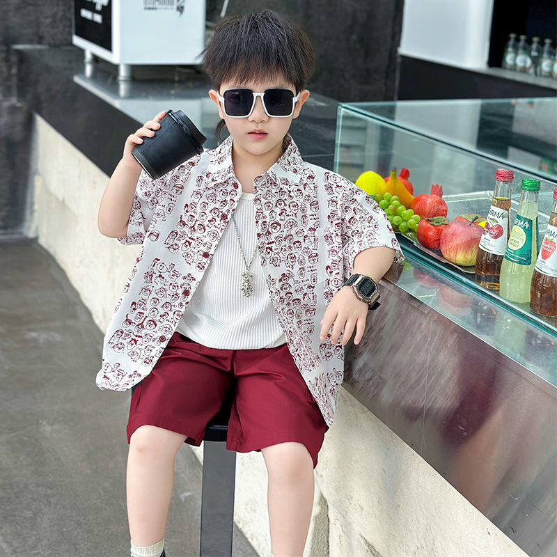 7320 traje de camisa de flores de manga corta para niños 2025 nueva ropa de moda de verano para niños, traje delgado de dos piezas