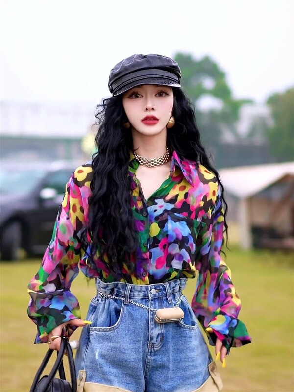 Hong Kong Style Vintage Unique Tie-Dye Printed Long-Sleeved Shirt Women's Spring Western Style Age-Reducing All-Match Single-Breasted Floral Shirt