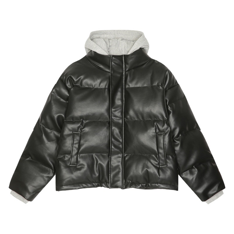 MTLClothes ropa de Hombre | 2023 invierno nuevo estilo coreano suelto falso de dos piezas con capucha de cuero de la PU engrosada abrigo de algodón acolchado para hombres