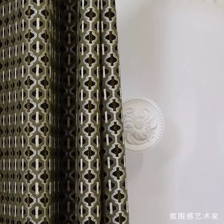 法式南洋中古风窗帘客厅卧室高级感肌理几何复古绿雪尼尔新款成品