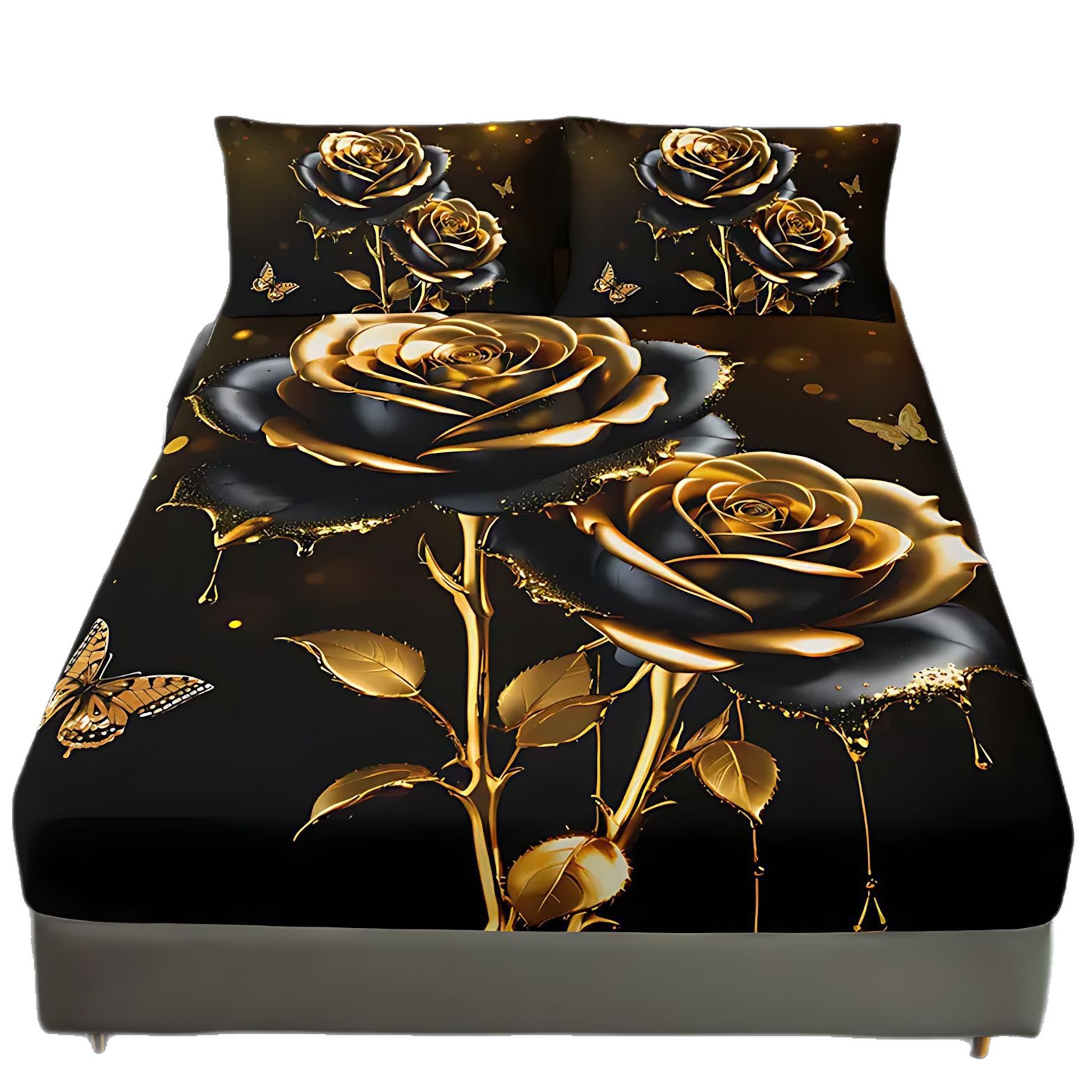 TEMU / JIT serie de rosa dorada negra impresión digital HD cama camisa colchón conjunto de dibujo se puede ajustar