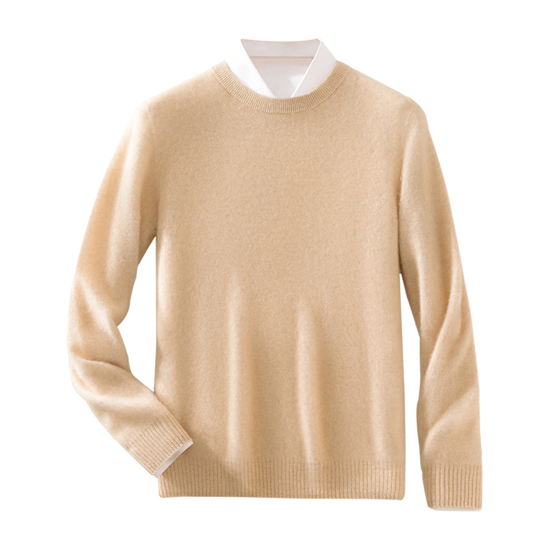 Casual round neck pure wool men's autumn and winter solid color pullover basic versatile knitted top base sweater_voghion.com