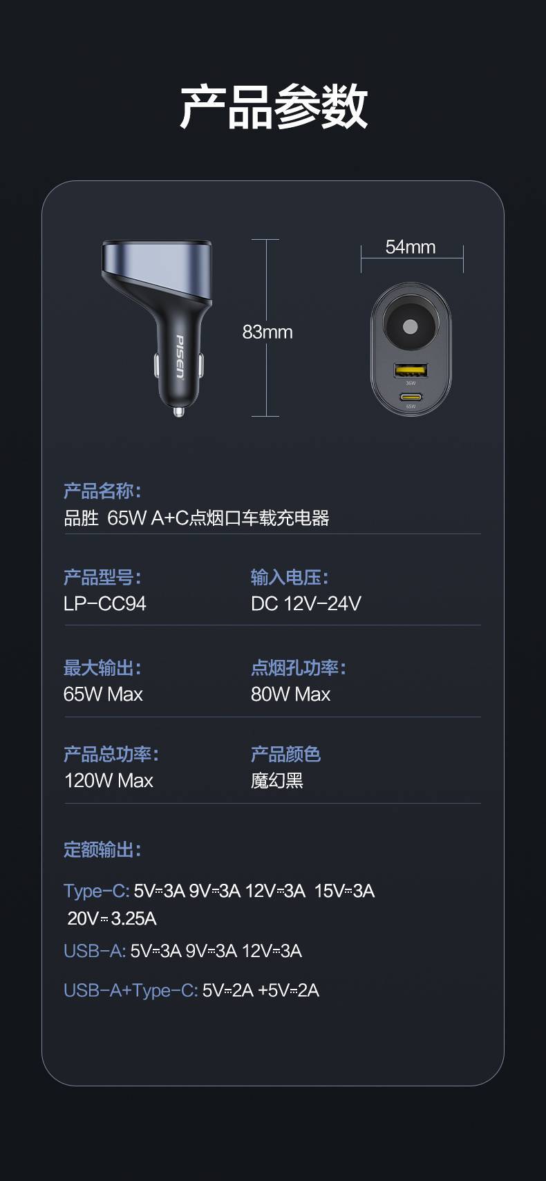 Pinsheng PD65W Car Charger USB+TYP-C Dual-Port Cigarette Lighter Fast Charging Multifunctional Car Charger 17pr