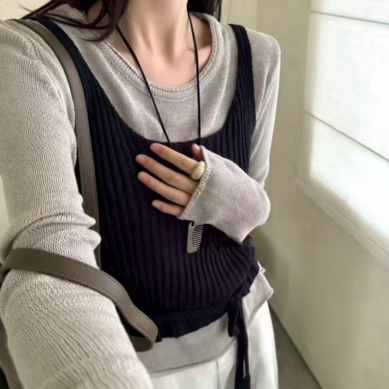 十三行2025秋装新款拼接假两件针织衫女设计感小众宽松长袖上衣|undefined