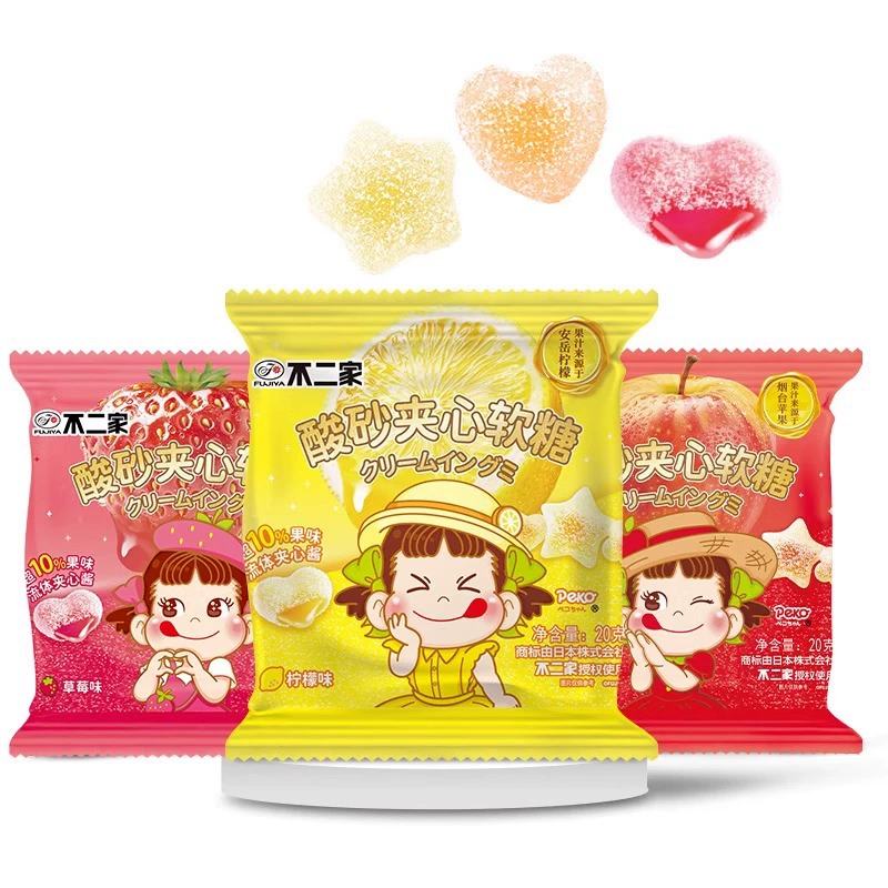 Fujia кислый песок яблоко клубника со вкусом лимона QQ сахар случайные закуски оптом фруктовый жидкий сэндвич повседневная помадка