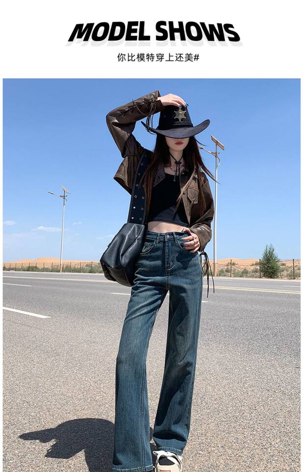 Quần jean ống rộng cạp cao nữ dáng đứng thon gọn — Quần dài kiểu Mỹ màu xanh đơn, Quần dài màu xanh kiểu Mỹ, Quần dài màu xanh lam phong cách hoài cổ, Quần lửng màu xanh kiểu Mỹ chi tiết 13