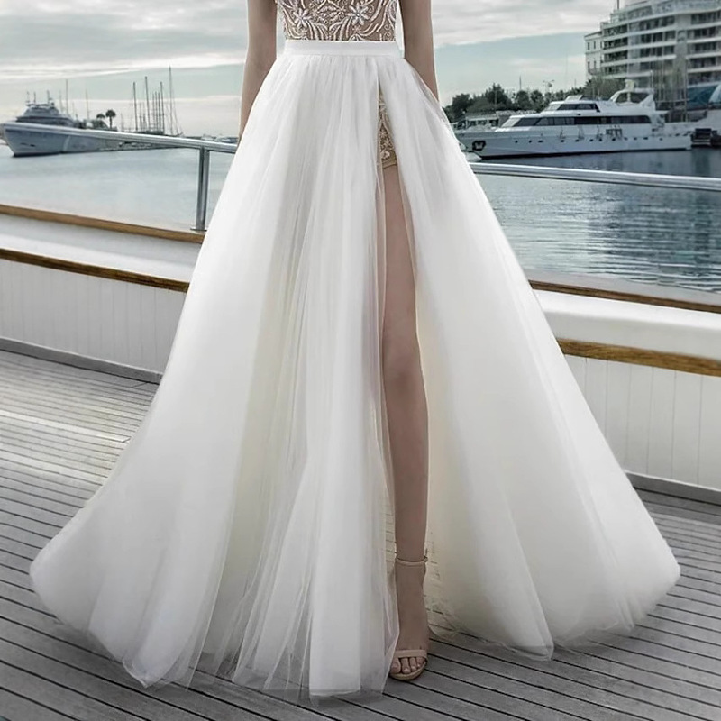 Split Mesh Skirt Women's 2025 New Spring and Summer Long High Waist Trailing Split Beach Skirt Foreign Trade Tulle