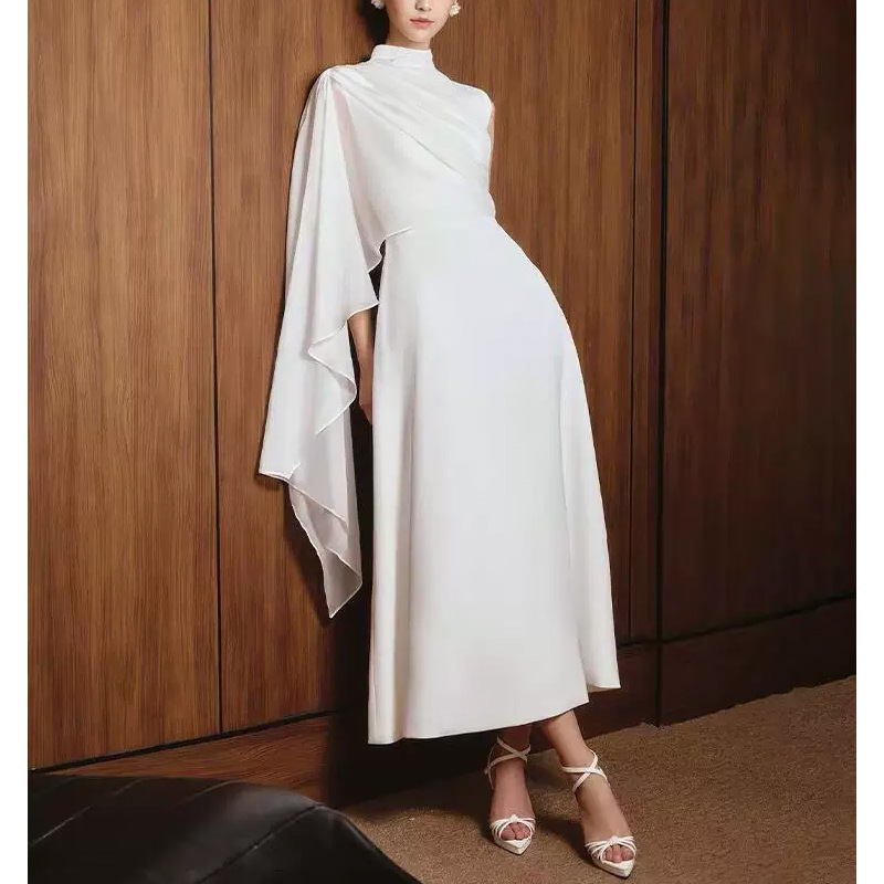 Light Luxury Minimalist Style Asymmetrical Design Small Dress for Women, New Summer White Half-High Collar Waist-Cinching Slimming Dress Light Luxury Minimalist Style Asymmetrical Design Small Dress for Women, New Summer White Half-High Collar Waist-Cinching Slimming Dress