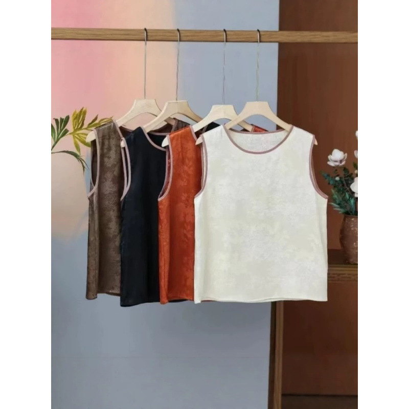 2026 Summer New Style Mulberry Silk Satin Jacquard Vest, Sleeveless Round Neck Loose Top, Chinese Style Retro Vest for Layering