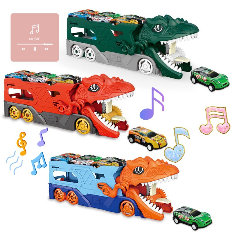 Export Dinosaur Swallowing Car Electric Sound and Light Inertia Transport Track Ejection Storage Alloy Car Educational Toy