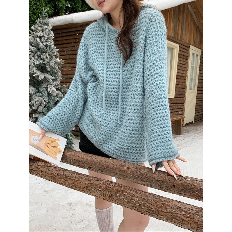 3Th Morning Korean Style Cut Out Thick Stick Needle Loose Lazy Drawstring Hooded Knitwear Zy3667