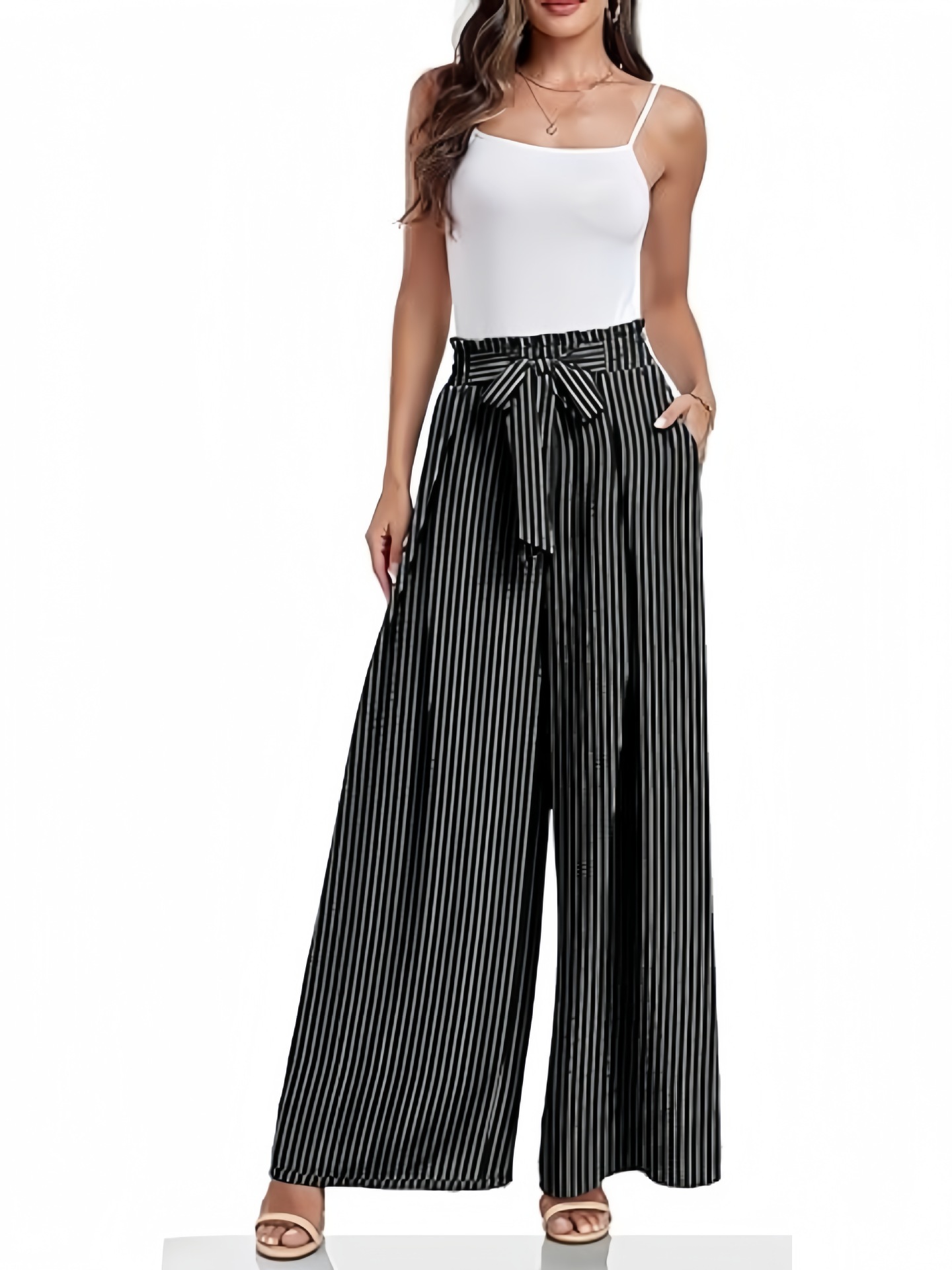 2025 europeo y americano transfronterizo Amazon primavera y verano nuevo estilo pantalones anchos para mujer bowknot pantalones casuales con pliegues de cintura alta sueltos