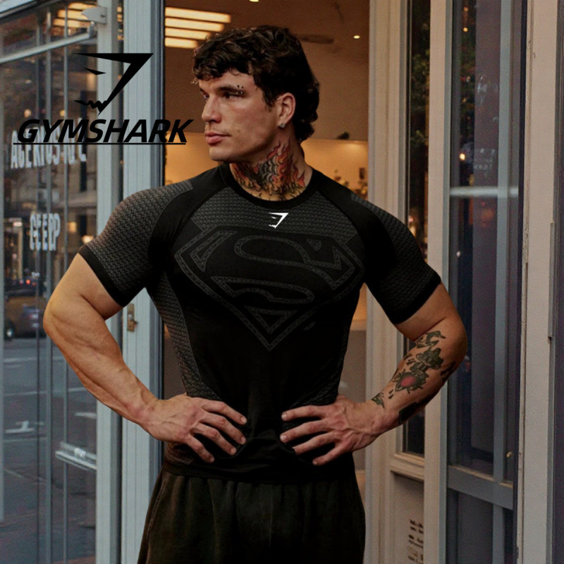 Gymshark Fitness T-Shirt Superman Collaboration Compression Shirt Men's Training Sports Cycling Top Quick-Dry High-Elastic T-Shirt
