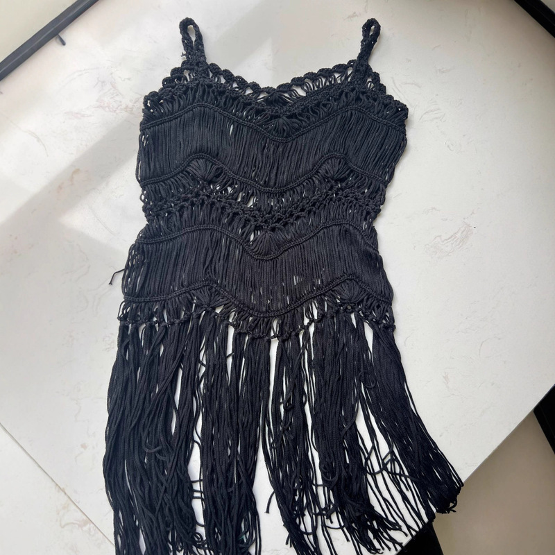 [Handmade Crochet Flowers] Patchwork Long Tassel Beach Cover-Up Hollow Out Loose Vacation Sun Protection Clothing Bikini Cover-Up