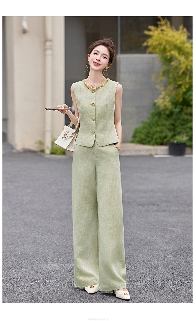 Bộ yếm quần ống rộng nữ hai mảnh không tay phối quần ống rộng cao cấp HE6605 — Màu hồng, xanh lá cây chi tiết 11