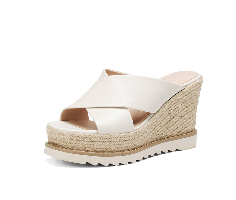 Sandal cao gót nữ đế xuồng đan rơm hở mũi quai chéo bản to — màu trắng ngà, bạc chi tiết 16