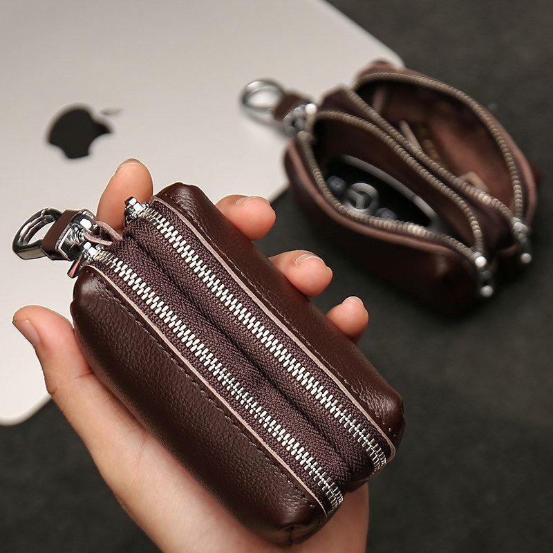 Large-capacity key bag for men and women, genuine leather, double-layer zipper, home and car key bag, multifunctional storage coin purse