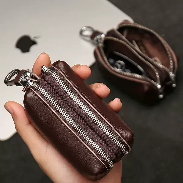 Large-capacity key bag for men and women, genuine leather, double-layer zipper, home and car key bag, multifunctional storage coin purse
