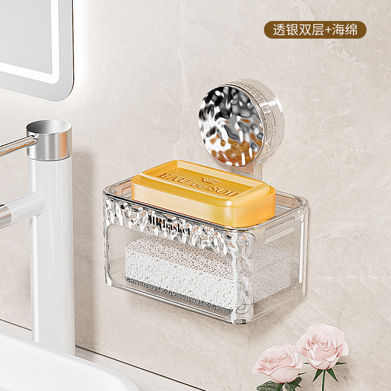 Caja de jabón de ventosa colgada en la pared sin agujeros perforación caja de jabón de doble capa de baño doméstico estante de almacenamiento de esponja de drenaje image 7