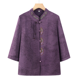New Chinese-Style Spring and Summer Tang Suit Shirt for Elderly Women, Grandma Cardigan Top, Senior Mom's Clothing, Three-Quarter Sleeve Shirt