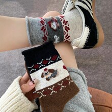 复古费尔岛袜子女中筒袜秋冬季加厚加绒保暖日系复古可爱卡通长袜