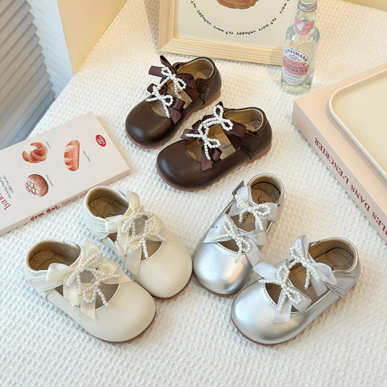 Children's Lace Double Bow Small Leather Shoes 2025 Spring and Autumn New Korean Style Girls Pearl Lolita Princess Shoes