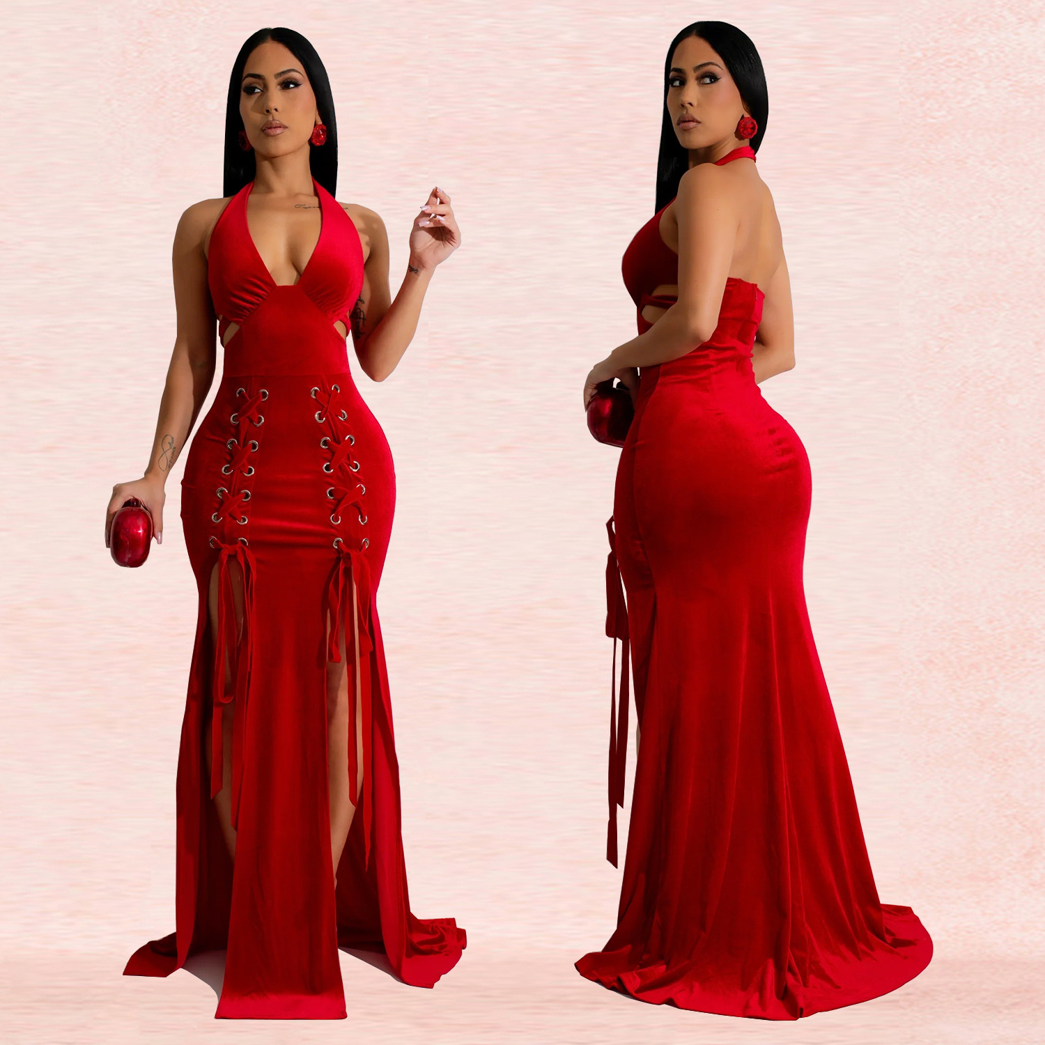 C7156 Aliexpress transfronterizo Amazon Europa y América moda de mujer cuello colgante brazo sexy vestido bifurcado nuevo image 5