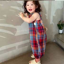 韩国童装连体裤夏季新款洋气时髦可爱兔子尾巴格纹背带吊带阔腿裤