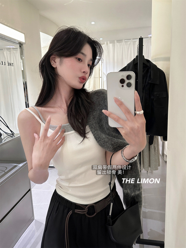 THE LIMON柠檬绿茶2025秋季系双肩带撞色吊带背心美背假两件上衣|undefined