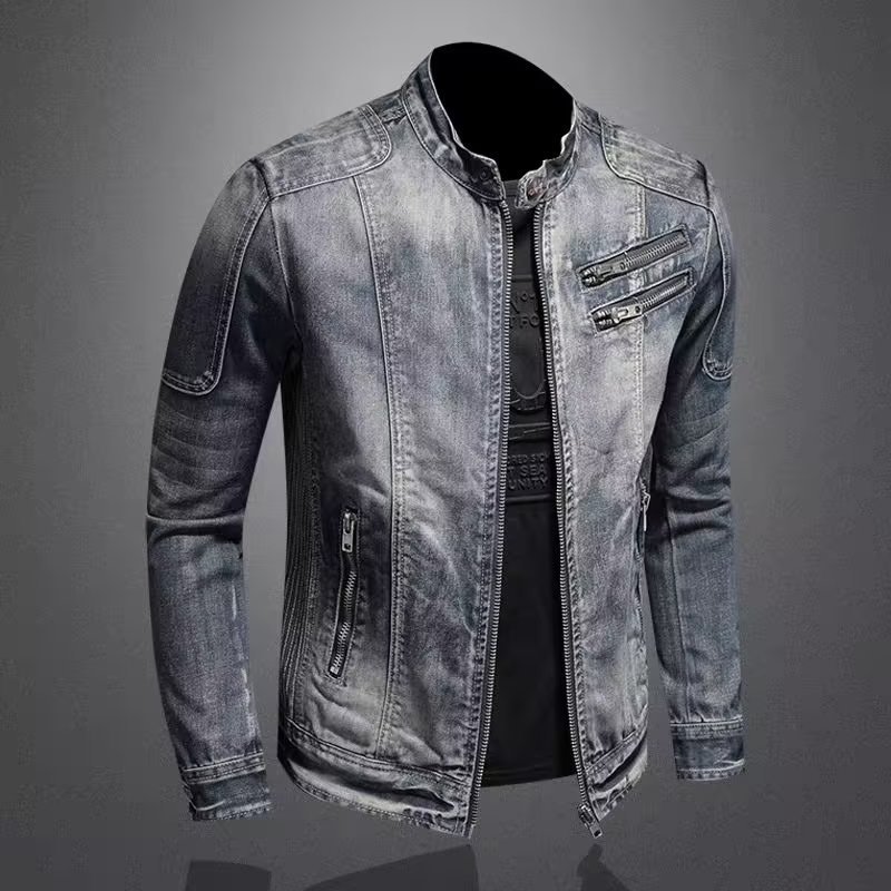 Veste en jean tendance pour homme, style rétro décontracté européen et américain, grandes tailles, col montant, fermeture éclair, idéale pour le cyclisme et la moto_voghion.com