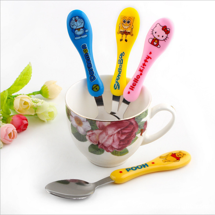 Direct Selling Stainless Steel Kidsren's Tableware Cartoon Plastic Handle Spoon and Fork Rice Spoon Gourd Spoon Direct Selling Stainless Steel Kidsren's Tableware Cartoon Plastic Handle Spoon and Fork Rice Spoon Gourd Spoon