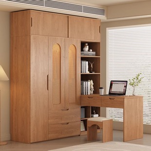 Middle Antique Retro High-grade Solid Wood Oak Household Wardrobe Bedroom Log Color Storage Wardrobe with Rattan Cabinet