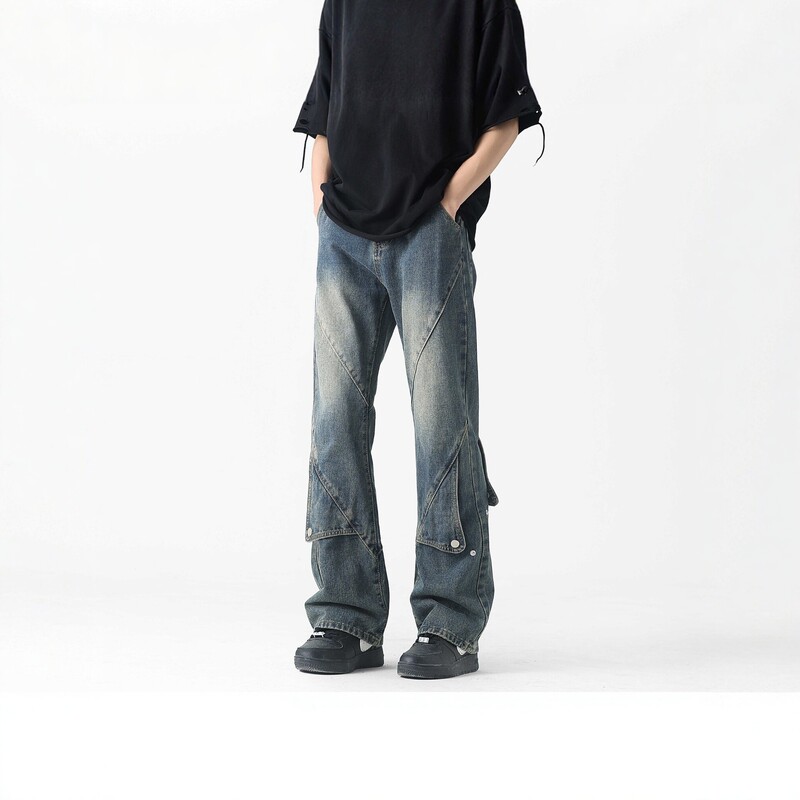 American-style high street jeans for spring and autumn, featuring a heavy-duty patchwork design, slimming, casual, and stylish, with a slight flare