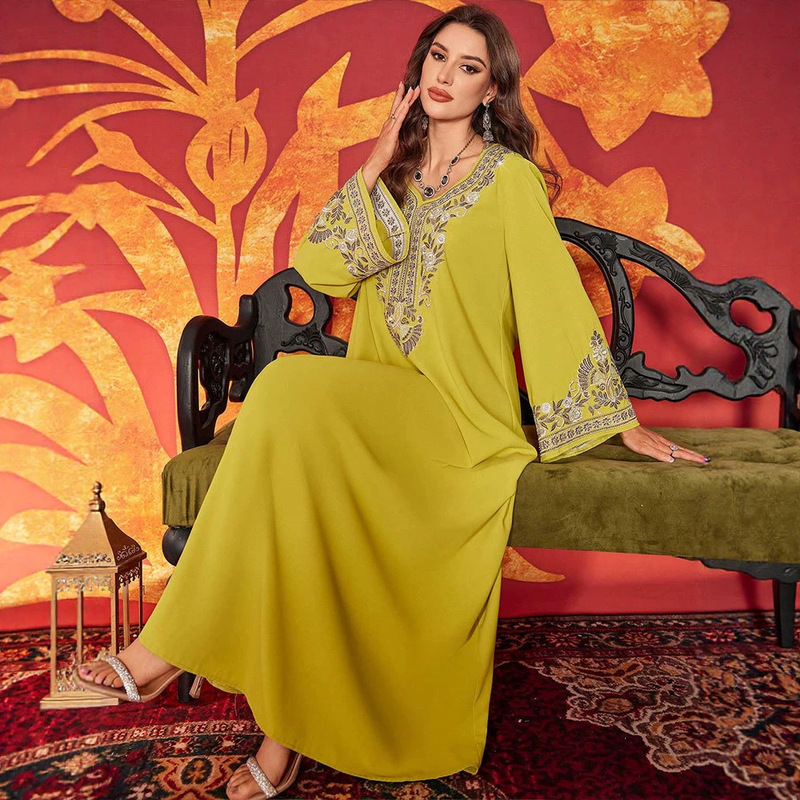 KY1887 Cross-Border Women's Heart-Neck Solid Color Elegant Embroidered Long-Sleeve Dress Loose Casual Party Evening Gown KY1887 Cross-Border Women's Heart-Neck Solid Color Elegant Embroidered Long-Sleeve Dress Loose Casual Party Evening Gown