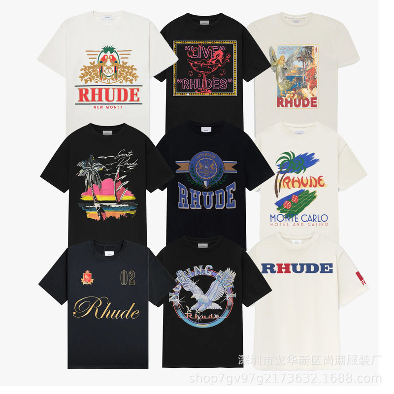 Wholesale In-Stock Cross-Border Rhude Series Badge Logo Printed Trendy Hip-Hop Pure Cotton Short-Sleeve T-Shirt for Men and Women Wholesale In-Stock Cross-Border Rhude Series Badge Logo Printed Trendy Hip-Hop Pure Cotton Short-Sleeve T-Shirt for Men and Women