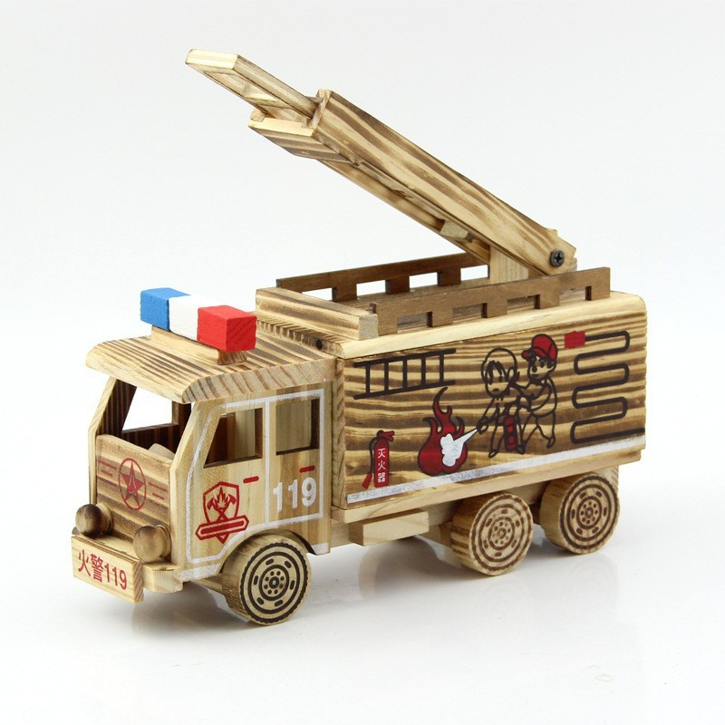 Factory wholesale wooden fire truck simulation fire police car creative pine handicraft home decoration fire truck