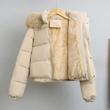 2025秋冬新款欧美小短款大毛领加绒加厚棉服夹克女冬季工装棉外套
