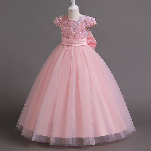 Girls' dress, evening dress, sequin mesh tutu skirt, long princess dress, sweet bow on the back