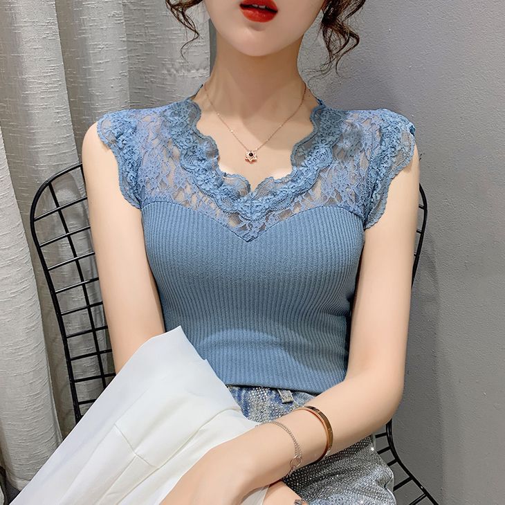 Summer New Collar Lace Stitching Pullover Sleeveless Shirt Women's Perspective Ice Silk Vest Sling Knitted Base Shirt for Women