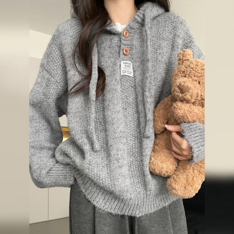 韓国スタイルのルーズでレイジーなスタイルの女性用フード付きセーター、2025年秋冬の新しい柔らかくワックスのような厚みのある巾着ニットスウェットシャツトップ|undefined