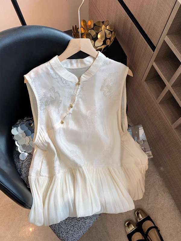 新中式荷叶边拼接提花无袖上衣女2025夏季新款高级感国风减龄背心|undefined